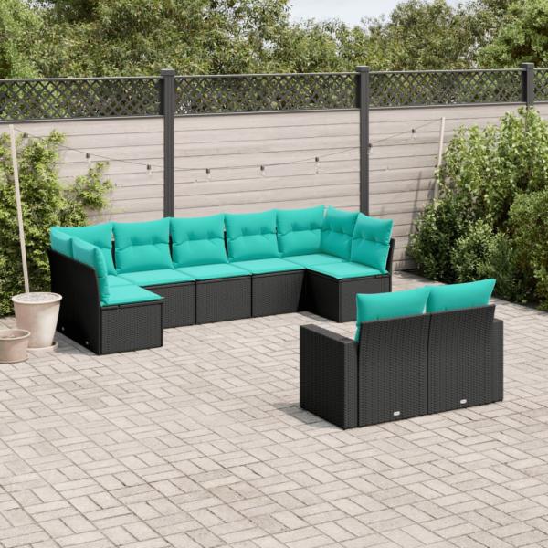 ARDEBO.de - 9-tlg. Garten-Sofagarnitur mit Kissen Schwarz Poly Rattan