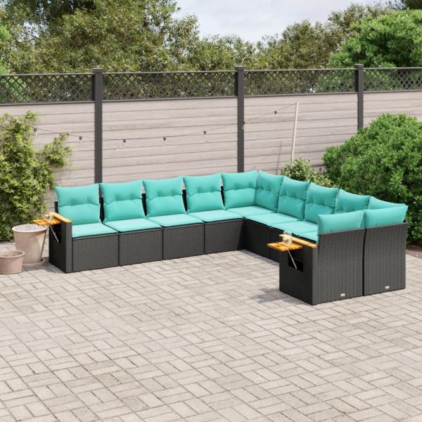 ARDEBO.de - 10-tlg. Garten-Sofagarnitur mit Kissen Schwarz Poly Rattan