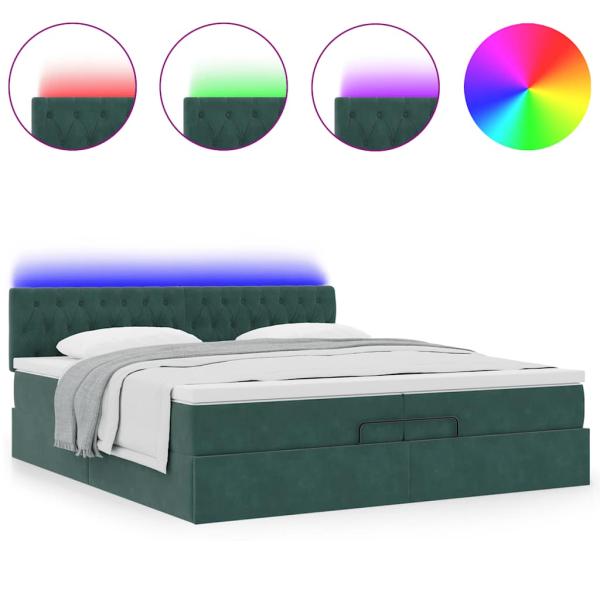 Ottoman-Bett mit Matratzen & LEDs Dunkelgrün 200x200 cm Samt