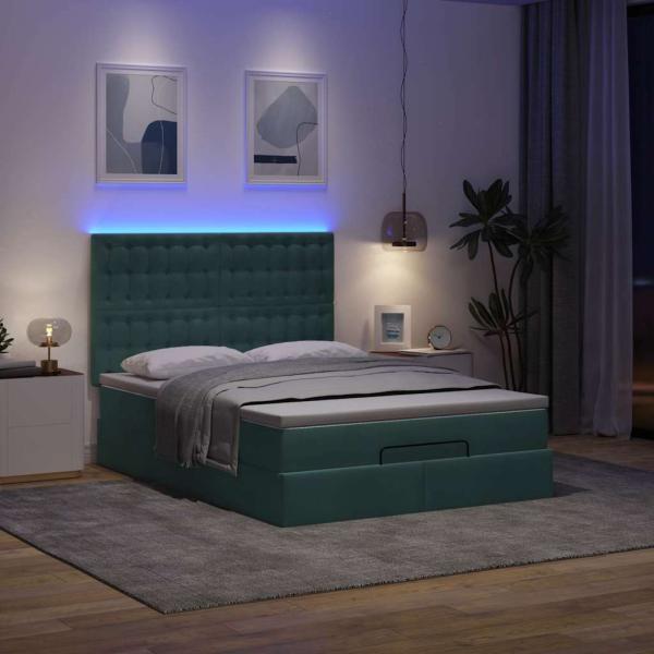 Ottoman-Bett mit Matratzen & LEDs Dunkelgrün 140x190 cm Samt
