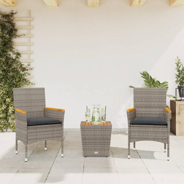 ARDEBO.de - 3-tlg. Bistro-Set mit Kissen Grau Poly Rattan und Glas