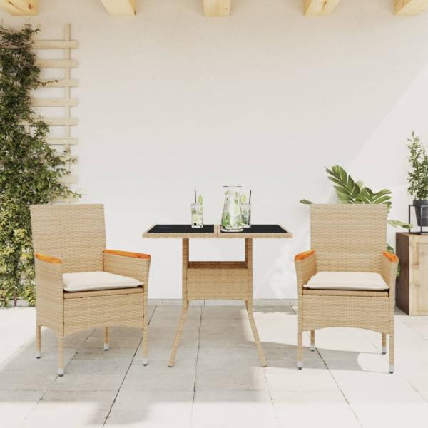 ARDEBO.de - 3-tlg. Garten-Essgruppe mit Kissen Beige Poly Rattan und Glas