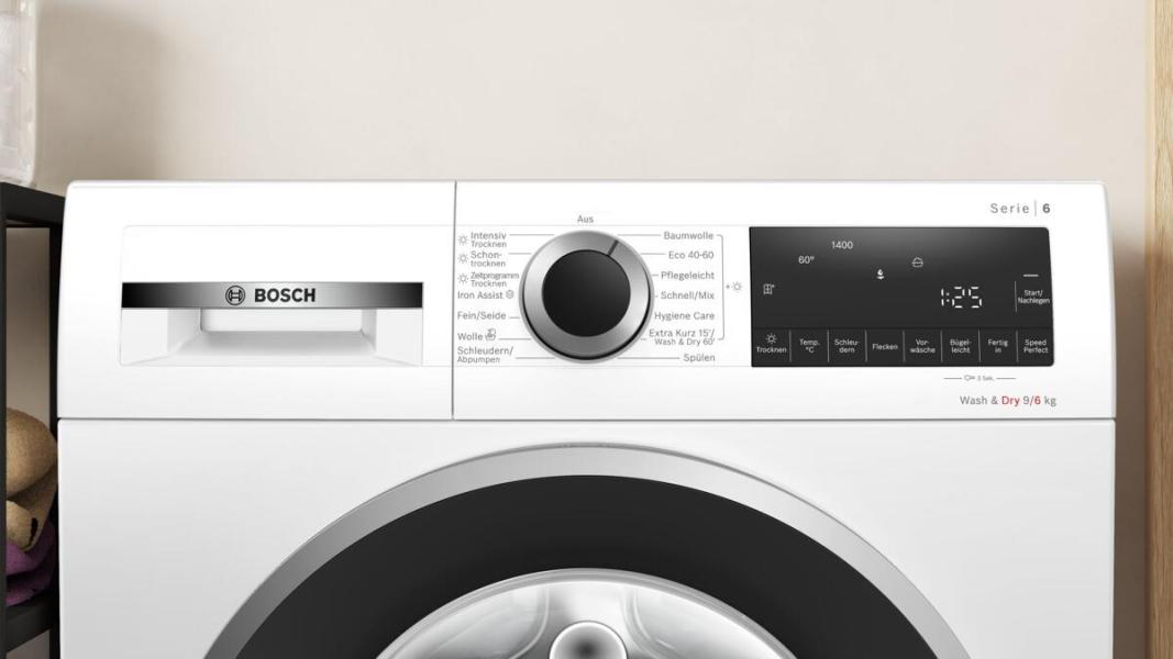 Bosch WNG24442 Serie 6 9/6 kg Waschtrockner, 1400 U/Min, 60 cm breit, Fleckenautomatik, AquaStop, Nachlegefunktion, weiß/schwarz