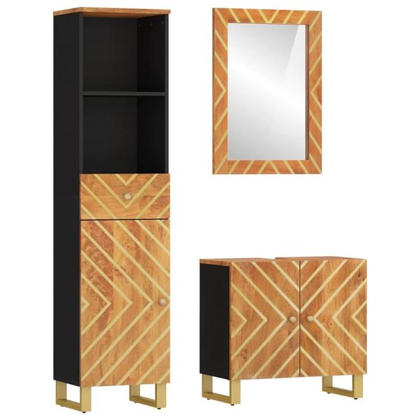 3-tlg. Badschrank-Set Braun und Schwarz Massivholz Mango