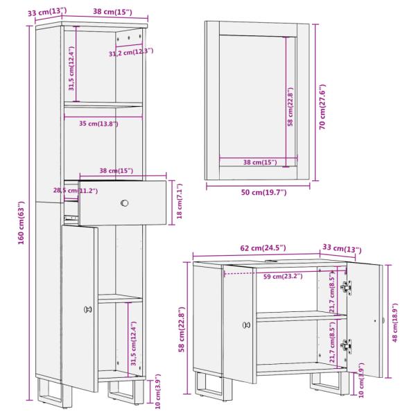 3-tlg. Badschrank-Set Braun und Schwarz Massivholz Mango