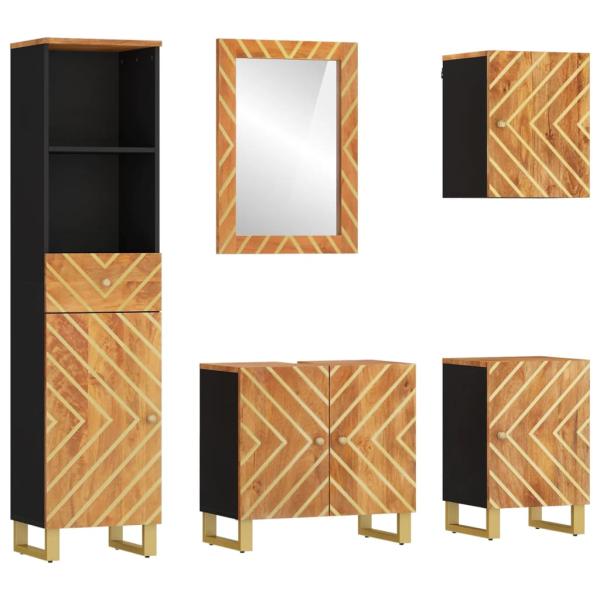 5-tlg. Badschrank-Set Braun und Schwarz Massivholz Mango