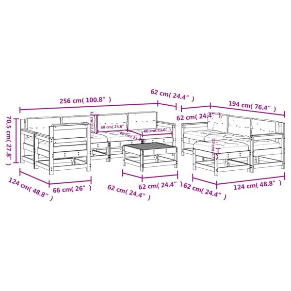 10-tlg. Garten-Lounge-Set mit Kissen Kiefernholz Imprägniert