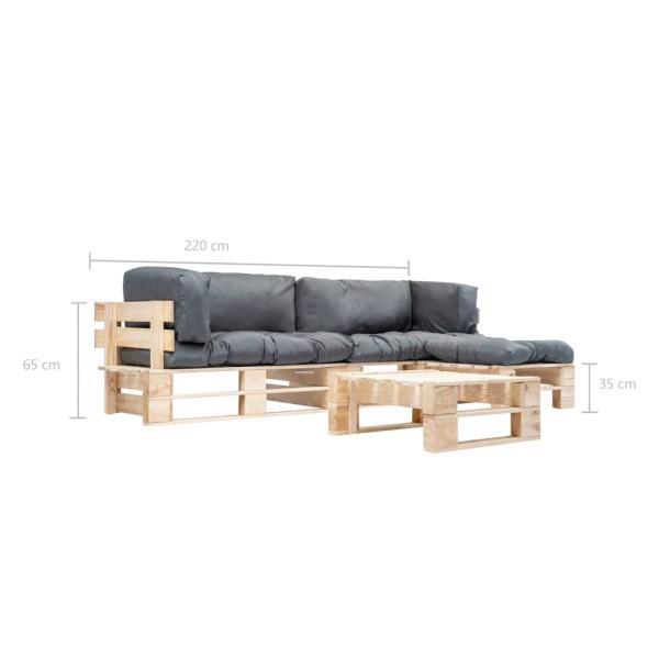 4-tlg. Paletten-Lounge-Set mit Kissen in Grau Holz