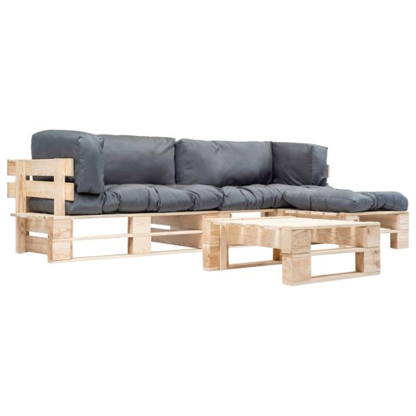 4-tlg. Paletten-Lounge-Set mit Kissen in Grau Holz