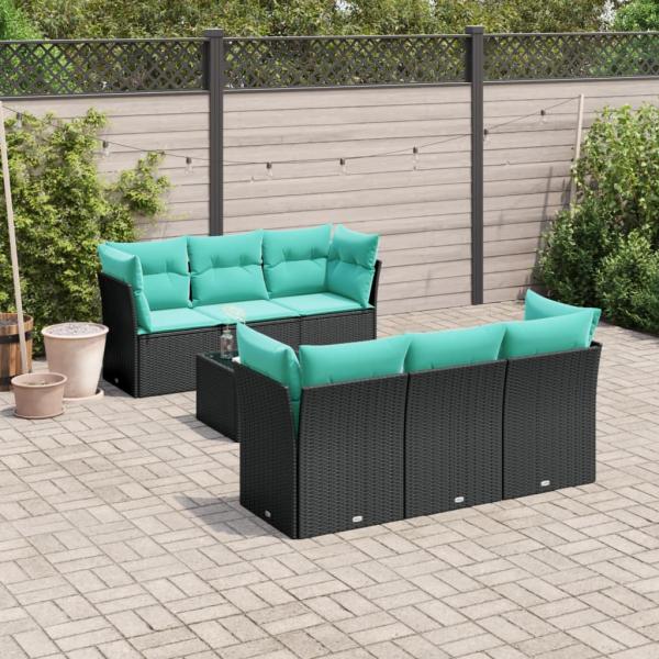 ARDEBO.de - 7-tlg. Garten-Sofagarnitur mit Kissen Schwarz Poly Rattan