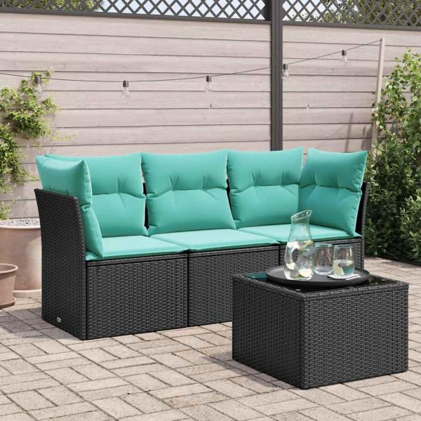 ARDEBO.de - 4-tlg. Garten-Sofagarnitur mit Kissen Schwarz Poly Rattan