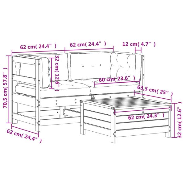 3-tlg. Garten-Lounge-Set mit Kissen Kiefernholz Imprägniert