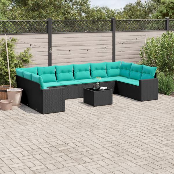 ARDEBO.de - 11-tlg. Garten-Sofagarnitur mit Kissen Schwarz Poly Rattan