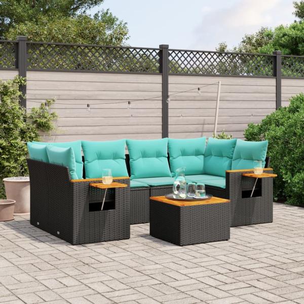 ARDEBO.de - 7-tlg. Garten-Sofagarnitur mit Kissen Schwarz Poly Rattan