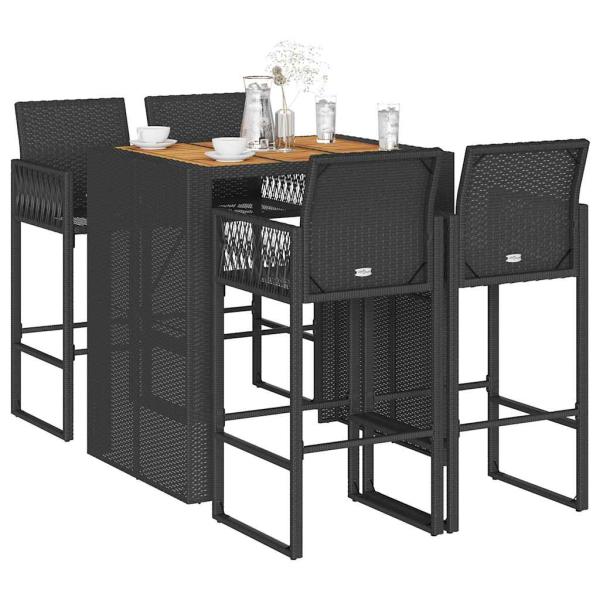 ARDEBO.de - 5-tlg. Gartenbar-Set ohne Kissen Schwarz Poly Rattan Akazie