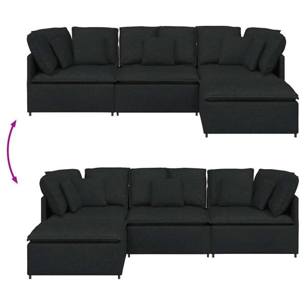 Modulares Sofa mit Fußhocker Kissen Stoff Schwarz