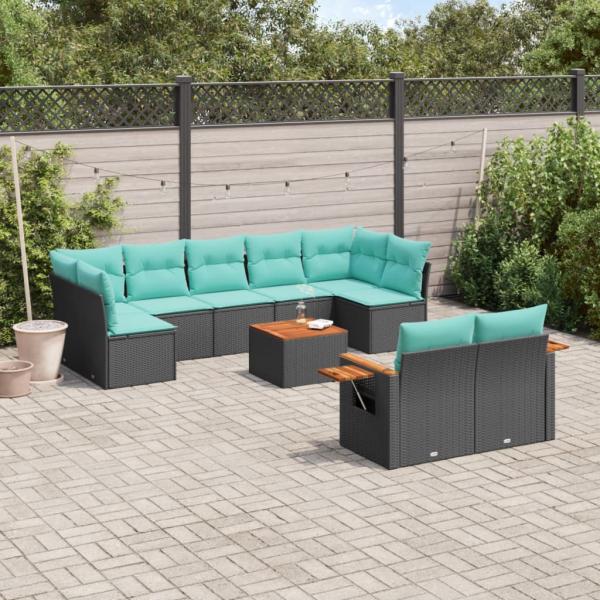 ARDEBO.de - 10-tlg. Garten-Sofagarnitur mit Kissen Schwarz Poly Rattan