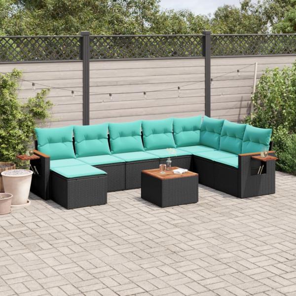 ARDEBO.de - 9-tlg. Garten-Sofagarnitur mit Kissen Schwarz Poly Rattan