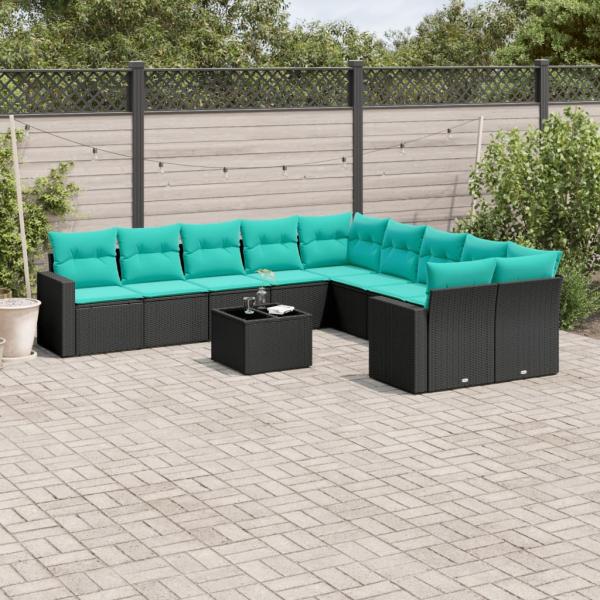 ARDEBO.de - 11-tlg. Garten-Sofagarnitur mit Kissen Schwarz Poly Rattan