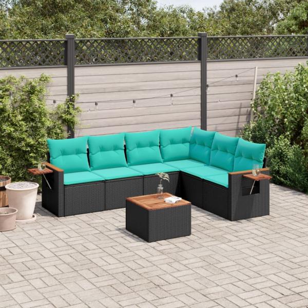 ARDEBO.de - 7-tlg. Garten-Sofagarnitur mit Kissen Schwarz Poly Rattan