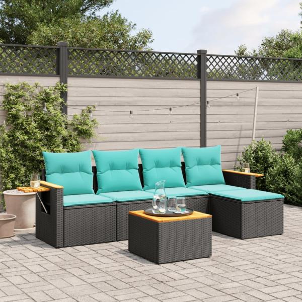 ARDEBO.de - 6-tlg. Garten-Sofagarnitur mit Kissen Schwarz Poly Rattan