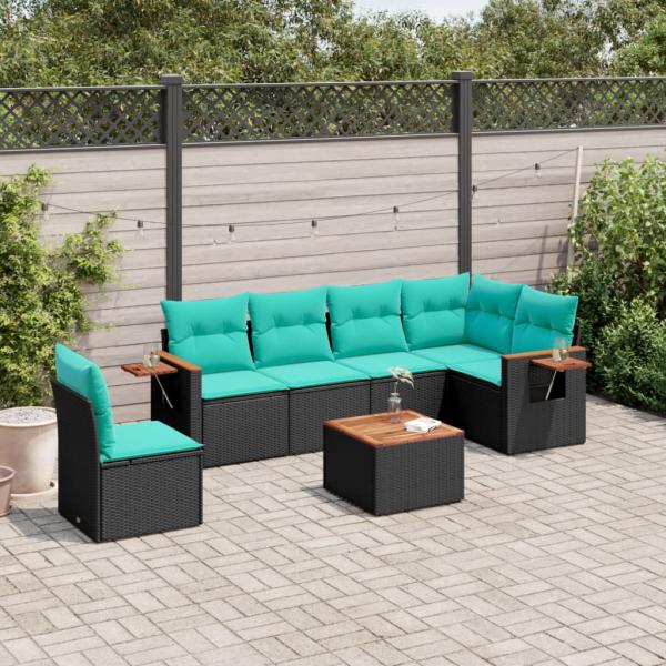 ARDEBO.de - 7-tlg. Garten-Sofagarnitur mit Kissen Schwarz Poly Rattan