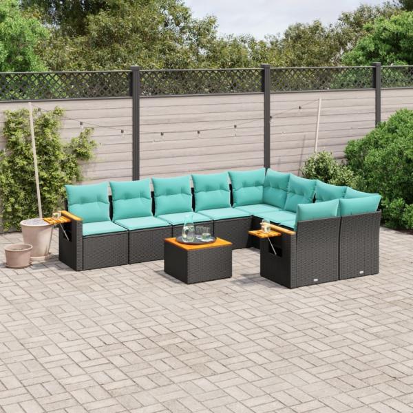 ARDEBO.de - 10-tlg. Garten-Sofagarnitur mit Kissen Schwarz Poly Rattan