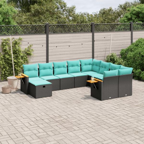 ARDEBO.de - 10-tlg. Garten-Sofagarnitur mit Kissen Schwarz Poly Rattan