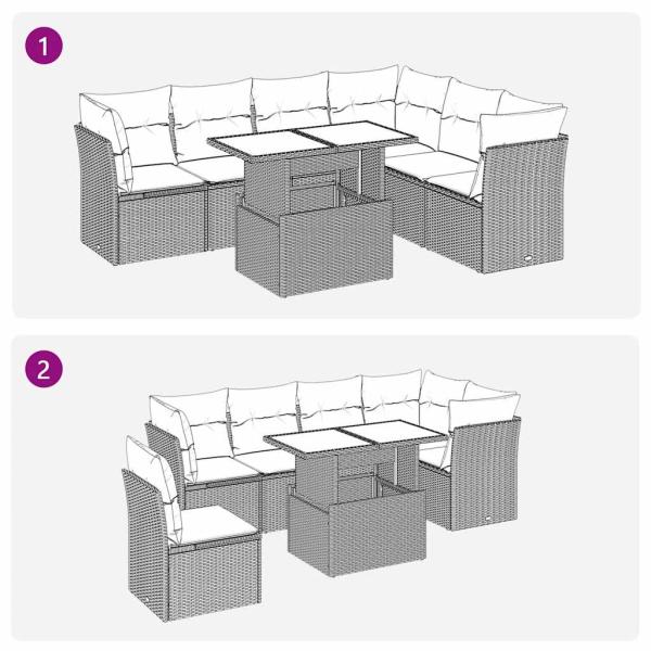 7-tlg. Garten-Sofagarnitur mit Kissen Grau Poly Rattan Akazie