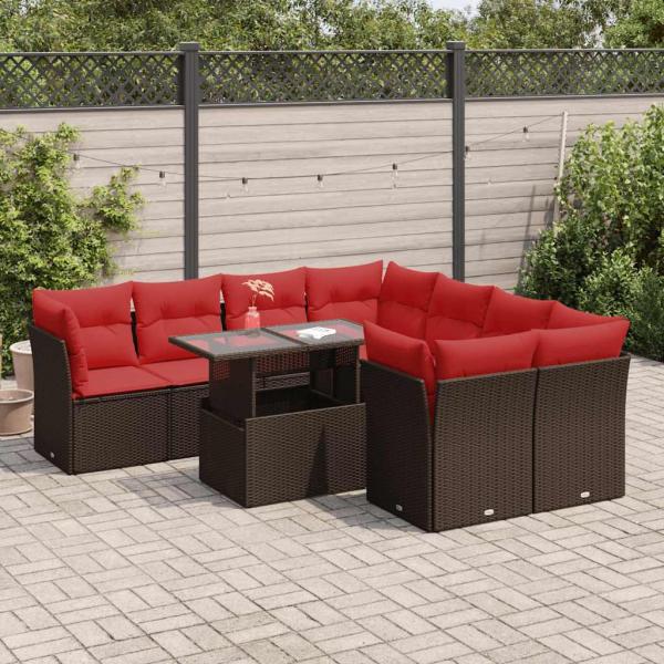 ARDEBO.de - 9-tlg. Garten-Sofagarnitur mit Kissen Braun Poly Rattan Akazie