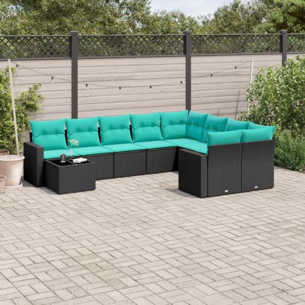ARDEBO.de - 10-tlg. Garten-Sofagarnitur mit Kissen Schwarz Poly Rattan