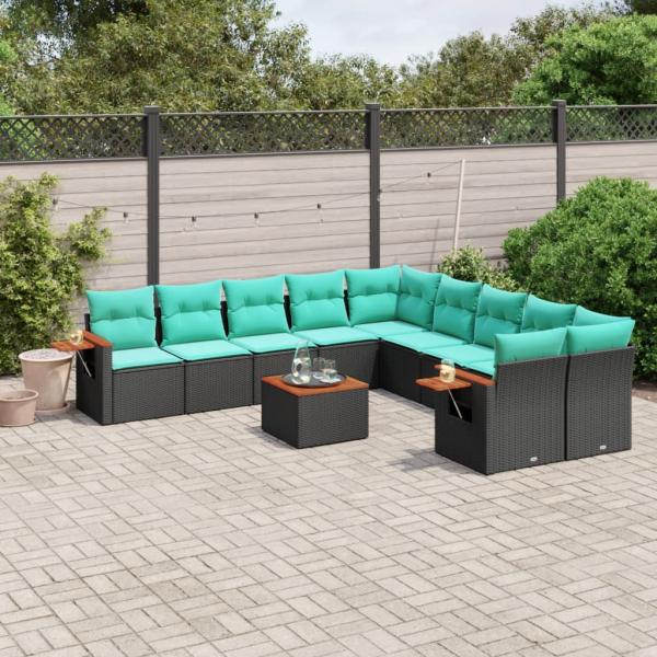 ARDEBO.de - 11-tlg. Garten-Sofagarnitur mit Kissen Schwarz Poly Rattan