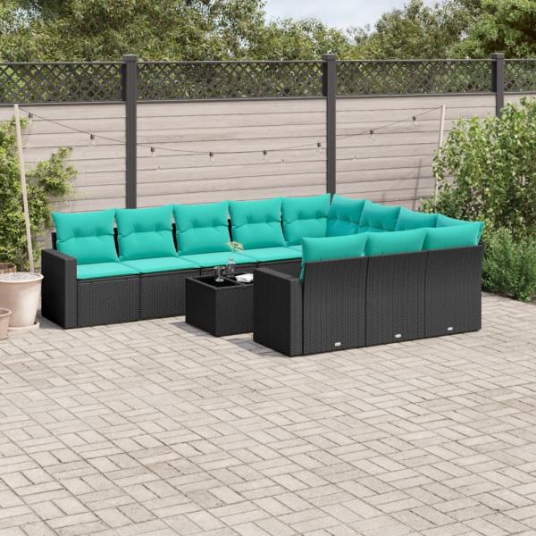 ARDEBO.de - 11-tlg. Garten-Sofagarnitur mit Kissen Schwarz Poly Rattan