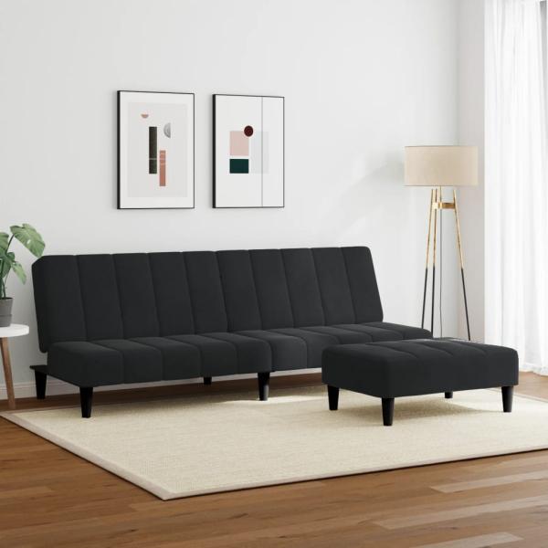 Schlafsofa 2-Sitzer mit Fußhocker Schwarz Samt