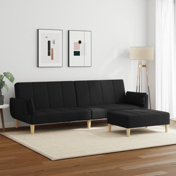 Schlafsofa 2-Sitzer mit Fußhocker Schwarz Stoff