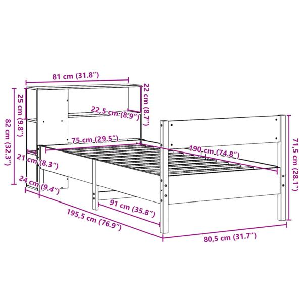Massivholzbett mit Regal ohne Matratze Weiß 75x190 cm Kiefer
