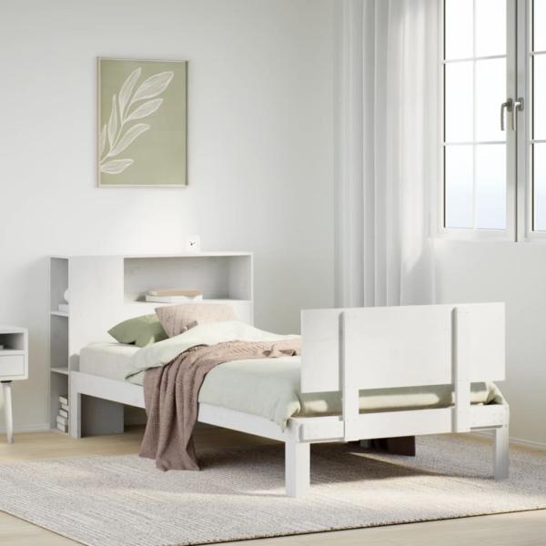 ARDEBO.de - Massivholzbett mit Regal ohne Matratze Weiß 75x190 cm Kiefer