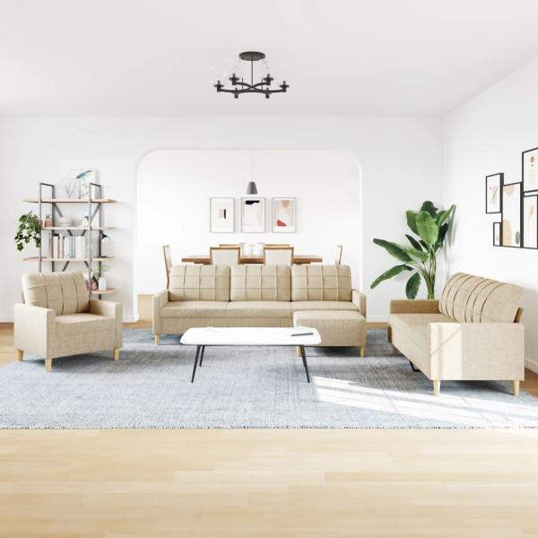4-tlg. Sofagarnitur mit Fußhocker Creme Stoff