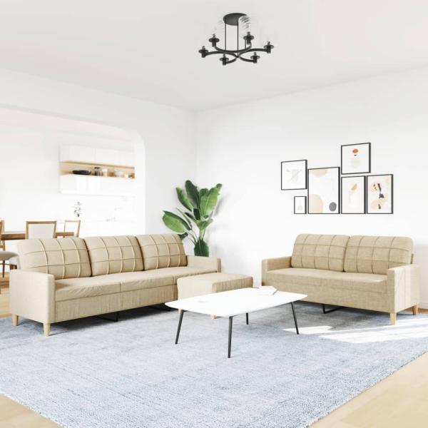 3-tlg. Sofagarnitur mit Fußhocker Creme Stoff