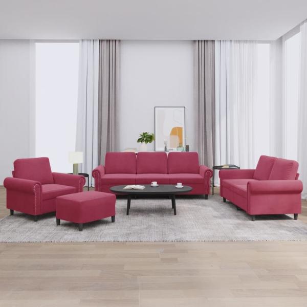 ARDEBO.de - 4-tlg. Sofagarnitur mit Kissen Weinrot Samt