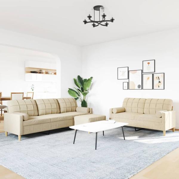 3-tlg. Sofagarnitur mit Fußhocker & Dekokissen Creme Stoff