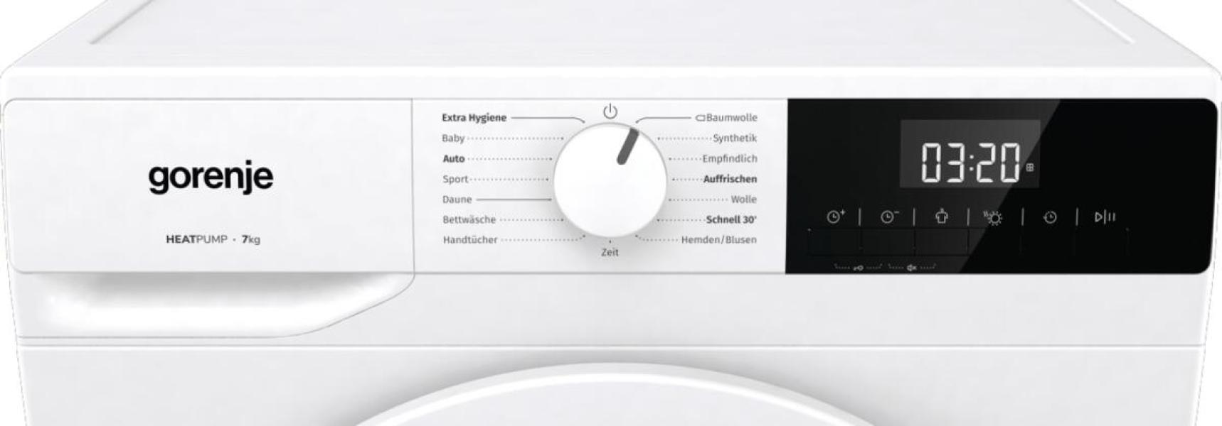 Gorenje DHNE72 EEK: D 7 kg Wärmepumpentrockner, 59,5 cm breit, 15 Programme, TwinAir, AutoDrain, Kindersicherung, weiß