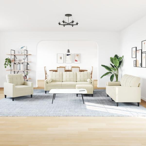 4-tlg. Sofagarnitur mit Kissen und Nackenrollen Creme Samt