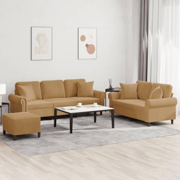 ARDEBO.de - 3-tlg. Sofagarnitur mit Kissen Braun Samt