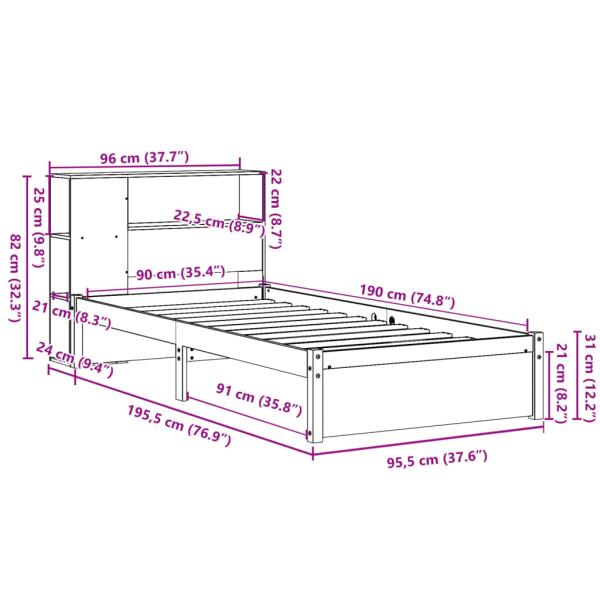 Massivholzbett mit Regal ohne Matratze 90x190 cm Kiefernholz