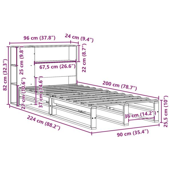 Massivholzbett mit Regal ohne Matratze 90x200 cm Massivholz