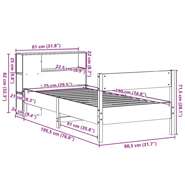 Bücherregalbett ohne Matratze 75x190 cm Massivholz Kiefer