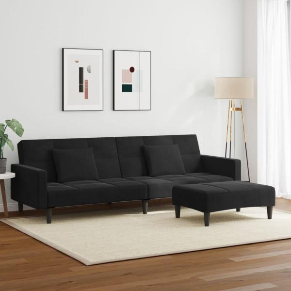 Schlafsofa 2-Sitzer mit Fußhocker Schwarz Samt