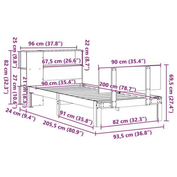 Massivholzbett mit Regal ohne Matratze 90x200 cm Kiefer
