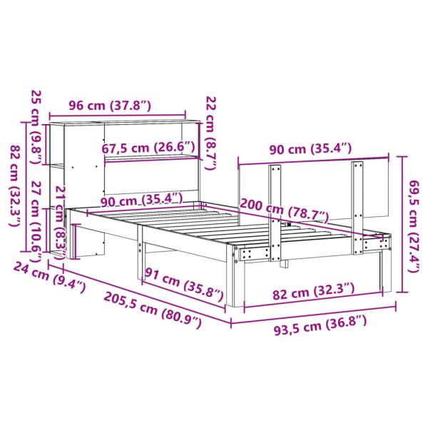Massivholzbett mit Regal ohne Matratze Weiß 90x200 cm Kiefer